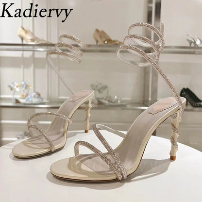 Luxury High Heels Sandals Woman Rhinestone Snake Twine Around Ankle Strap Wedding Shoes Stiletto Summer Gladiator Sandals Women