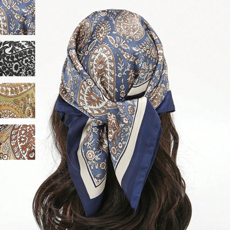 Fashion Bohemian Style Floral Print Women’s Square Silk Scarf Satin Head Wrap Tropical Leaf Flower Design Scarves Bandana Hijab