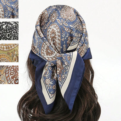 Fashion Bohemian Style Floral Print Women’s Square Silk Scarf Satin Head Wrap Tropical Leaf Flower Design Scarves Bandana Hijab
