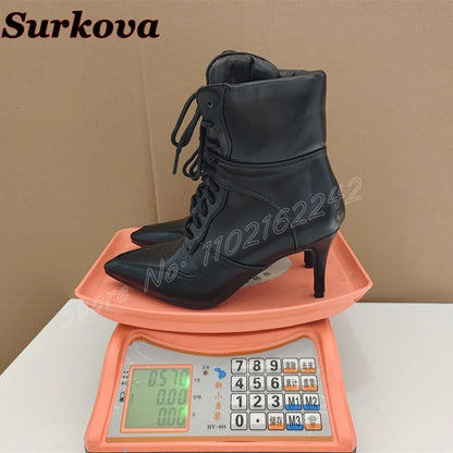 Women'S Black Stitching Lace-Up Short Boots Pointed Toe Stiletto Breathable Sports Boots   Casual All-Match Party Bare Boots 47