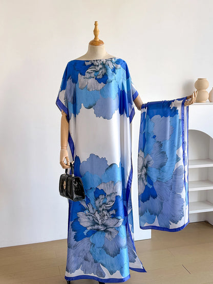 New 2026 African Women Dashiki Boho Print Maxi Dress Free Size Design with Scarf Loose Elegant Muslim Dubai Style