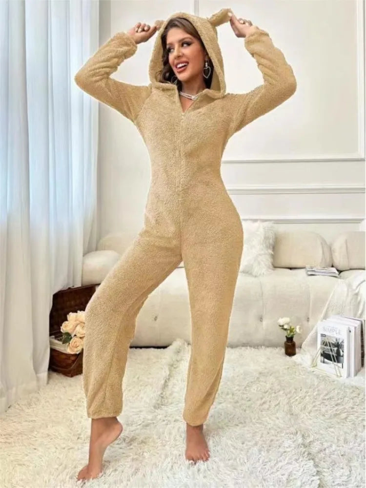 Fashion Plush Ear Hooded One-piece Pajamas Women Autumn Winter New V-neck Long-sleeved Loose Casual Trousers Home Wear Jumpsuits