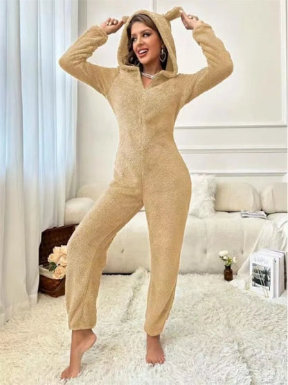 Fashion Plush Ear Hooded One-piece Pajamas Women Autumn Winter New V-neck Long-sleeved Loose Casual Trousers Home Wear Jumpsuits
