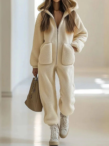 Autumn Winter Women Solid Color Fur Jumpsuits Elegant Long Sleeve Hoodies Playsuits Overalls Fashion Pocket Warm Commute Rompers