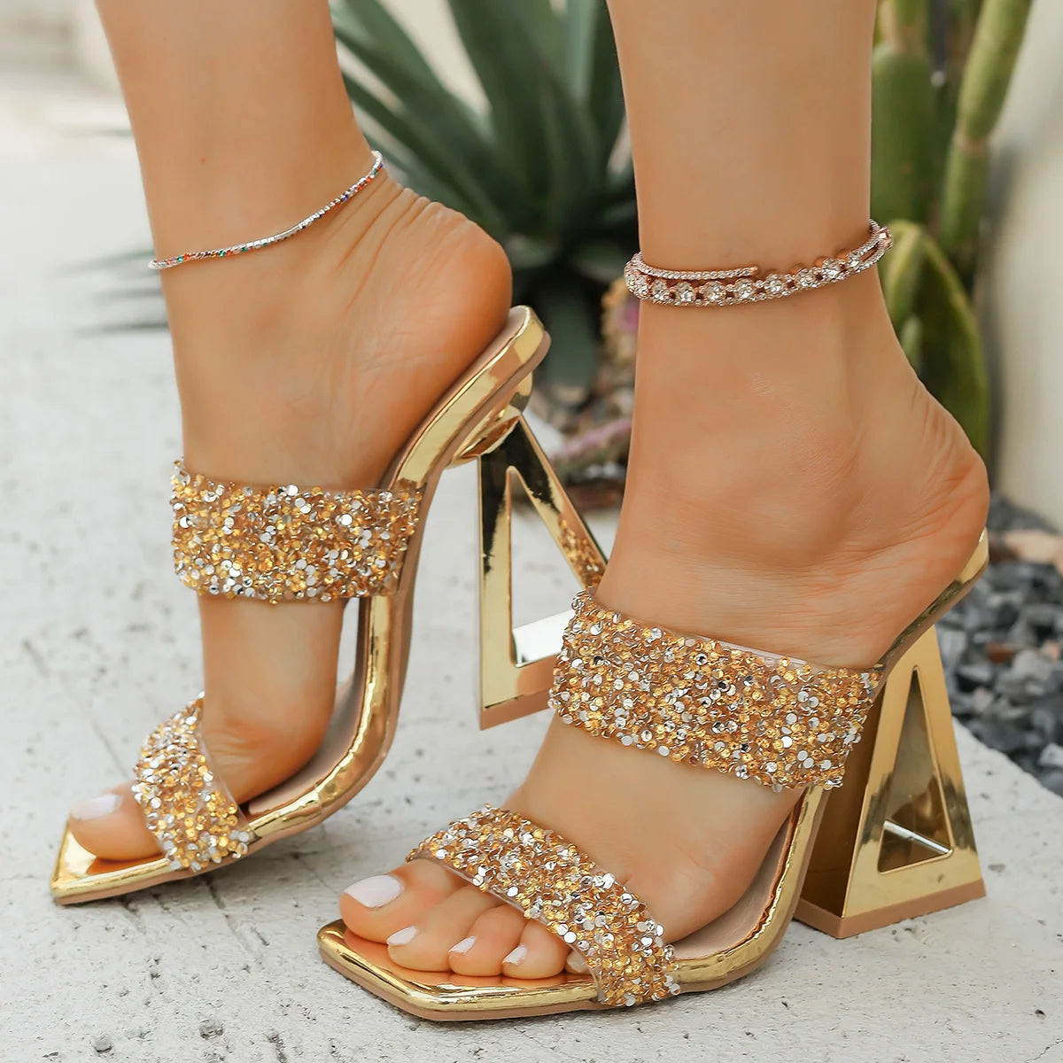 Luxury Women's Shoes Summer Rhinestone Sequins High Heels Wearing One Shoes for Women Elegant Women Sandals Sandalias De Mujer