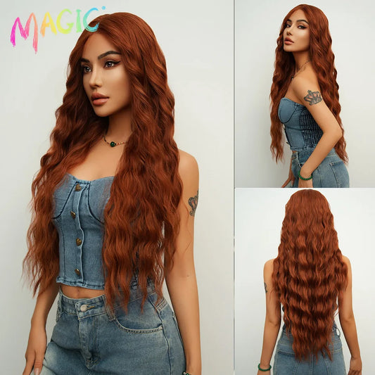 Magic Synthetic Lace Front Wig Long Deep Wavy 30 Inch Ombre Blonde Ginger Lace Wigs For Black Women Heat Resistant Cosplay Wigs