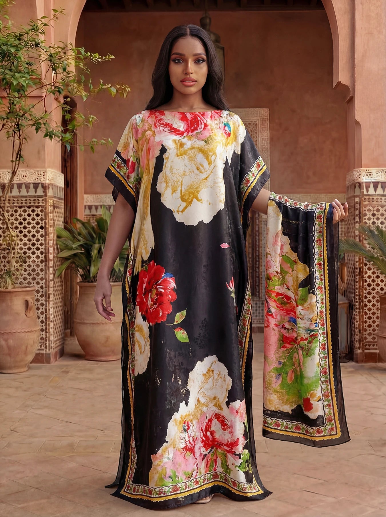 Women's Long Shawl Dubai Fashion Print Design Silk Soft Summer Beach Party Dress Accessory Loose Fit African Abaya MOOMOO