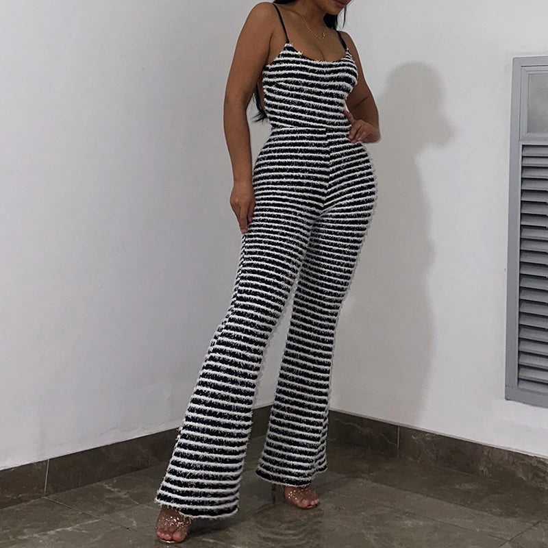 OMSJ New Style Backless Jumpsuits For Women Sexy Camisoles High Waist Hip Lifting Striped One-piece Rompers Flare Pants Clubwear