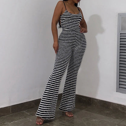 OMSJ New Style Backless Jumpsuits For Women Sexy Camisoles High Waist Hip Lifting Striped One-piece Rompers Flare Pants Clubwear