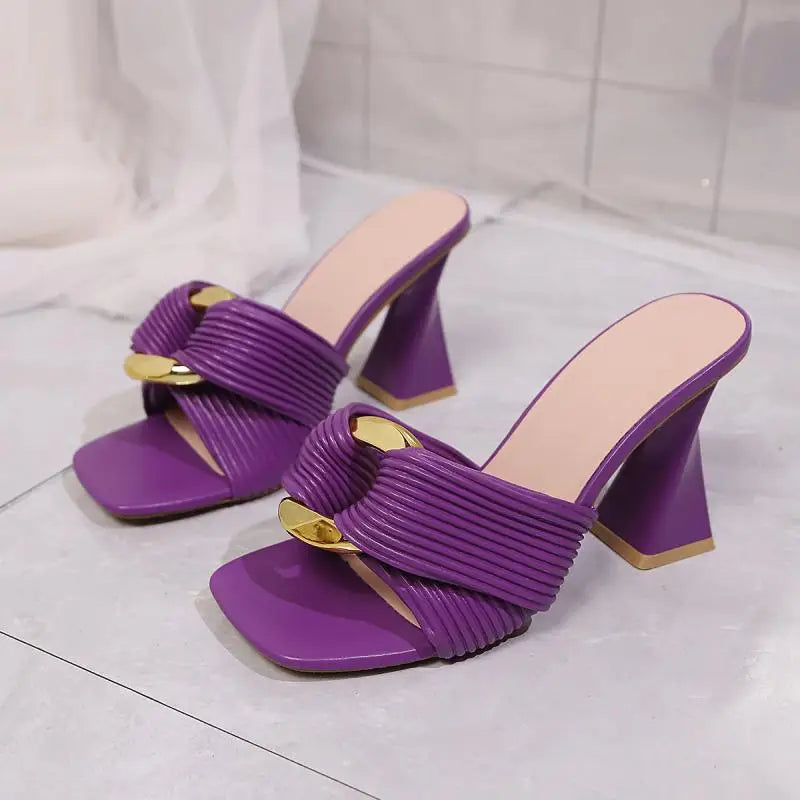 Brand Meatl Buckle Thick High Heel Sandals Women Summer 2026 Luxury Designer Purple Slippers Woman's High Quality Party Shoes