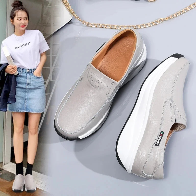 Women Flats Platform Loafers Ladies Elegant Genuine Leather Moccasins Shoes Woman Spring Round Toe Slip On Casual Women's Shoes