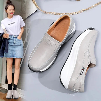 Women Flats Platform Loafers Ladies Elegant Genuine Leather Moccasins Shoes Woman Spring Round Toe Slip On Casual Women's Shoes