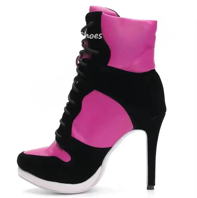 Round Toe Sports Lace Up Women's Short Boots 2026 Thick Sole Mixed Color Stilettos Autumn Winter New Street Style Casual Rock Bo