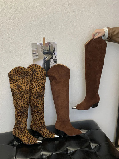 ZAROY Punk Metal Pointed Toe Knee High Boots Women Winter Retro Leopard Print Square Low Heels Pleated Western Cowboy Long Botas