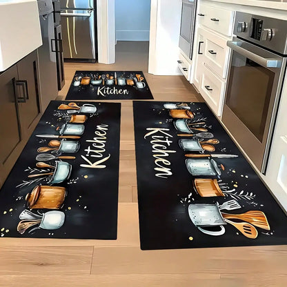 Kitchen Carpet Mat Rug - Utensils Spoon & Spice Design with 'BON APPETIT' Quote for Dining Room Home Decoration Floor Mat