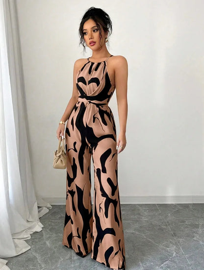 2026 New Women Milk Print Halter Neck Jumpsuit, Tie Back Backless Sling Romper, High Waist Slim Fit Wide Leg One Piece Pants
