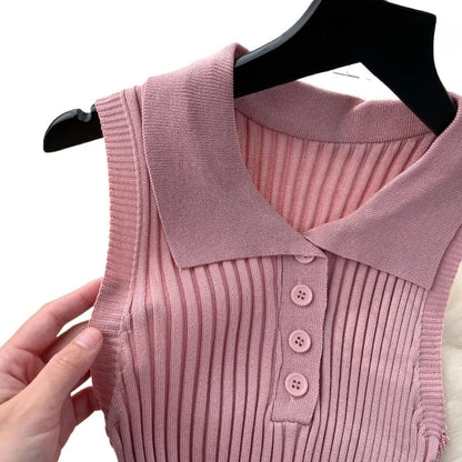 Women's Baby Pink Halter Neck Sleeveless Polo Collar Button Stretchy Ribbed Knit Bodycon Mini Dress Summer Party Short Dress