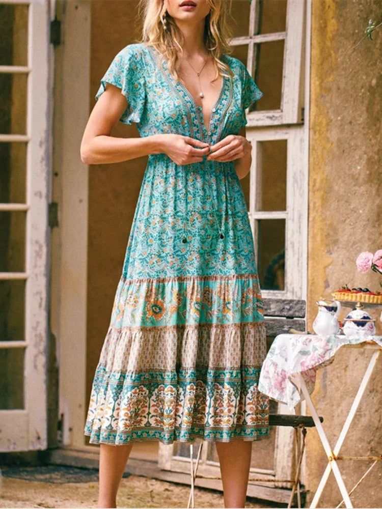 Boho Queens  Vintage Floral Print Sashes Beach Robe Bohemian Maxi Sundress Robe Ladies Cross V Neck Happie Dress Vestidos
