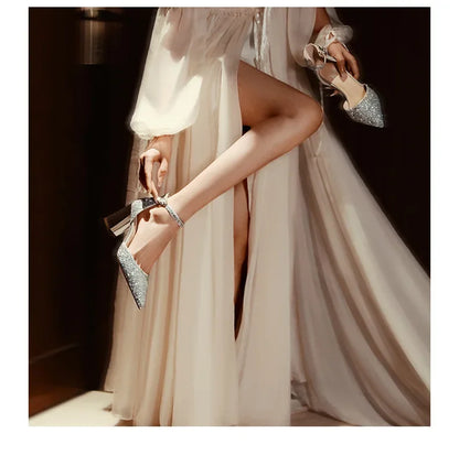 Luxury Silver Gold Sandals Women Summer Pointed Elegant Crystal High Heels Ladies Flip Flop Sequined Party Banquet Wedding Shoes