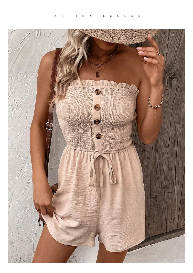 Summer Leisure Vacation, European and American Solid Color High Waist Design, Strapless Jumpsuit Shorts