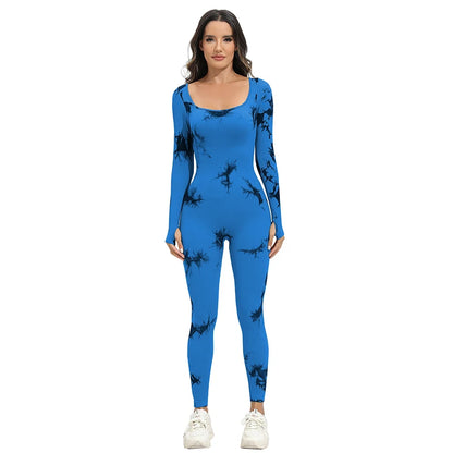 Ribbed Long Sleeve Sport Jumpsuits Women Tie Dye Yoga Jumpsuits Workout Bodycon Seamless Ribbed Yoga Workout Jumpsuit Romper