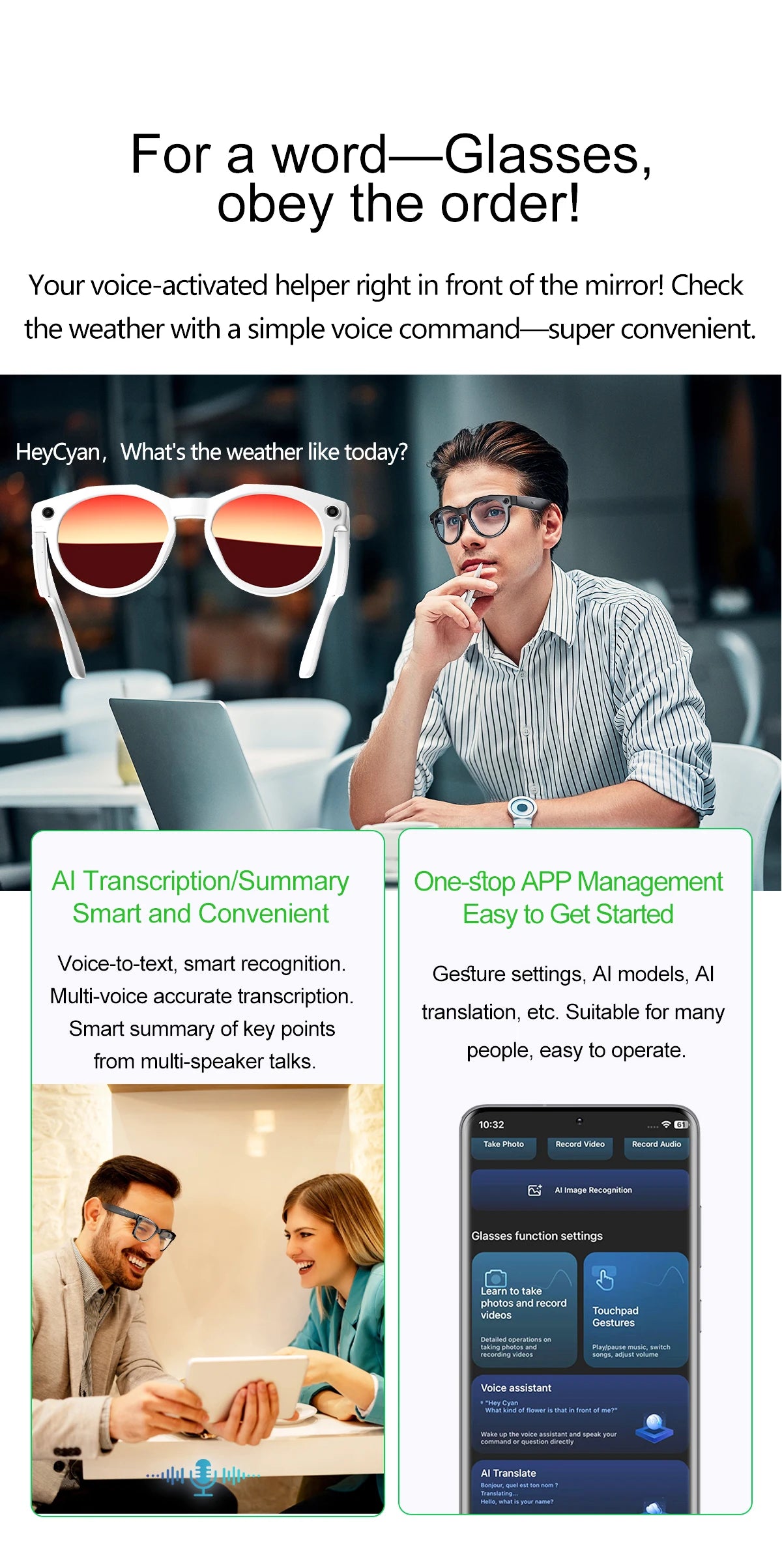 2026 New AI Smart Glasses 8MP Camera 1080P Video Shooting Real-time Translation SI BT Call Music Play Voice Recording Sunglasses