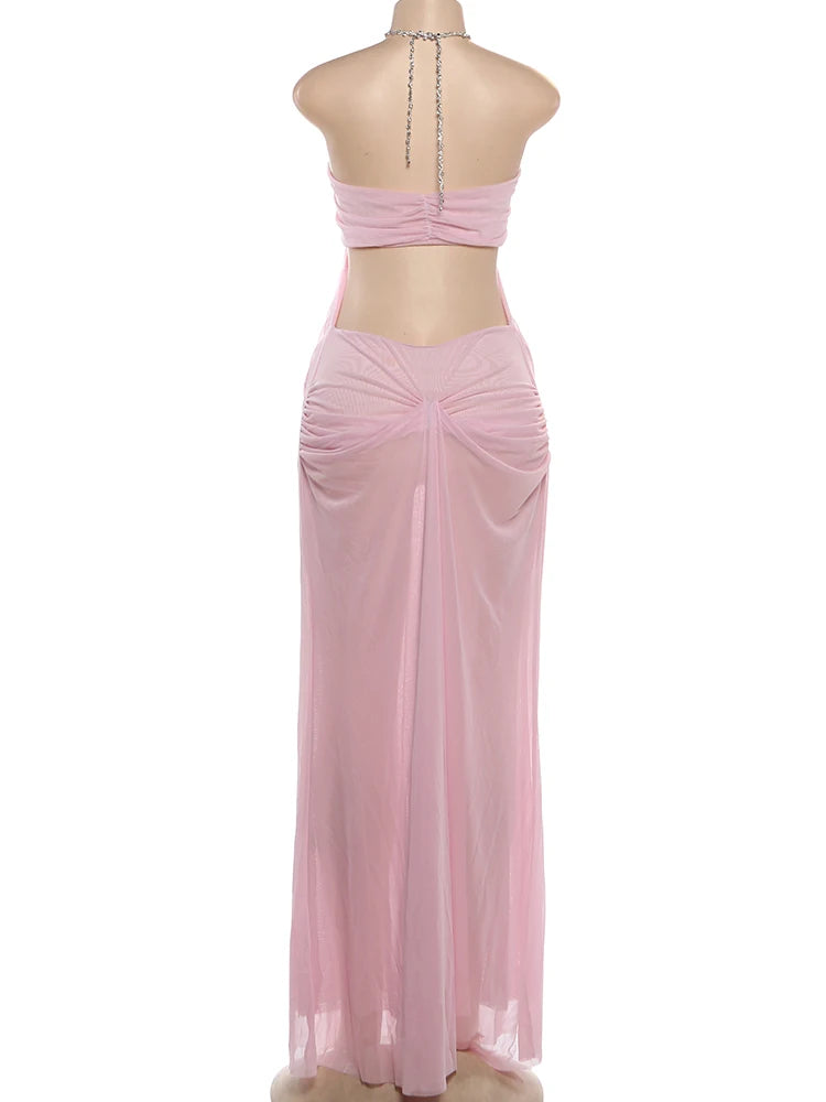 Nibber Prom Party Gown Dress Woman Sexy See Through Luxury Chain Halter Low-Neck Backless Sleeveless Midnight Elegant Vestidos