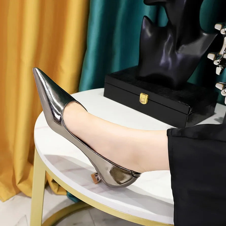 Women Comfortable 3.5cm High Heels Shallow Pointed Toe Work Pumps Lady Glossy Leather Low Heels 2024 Luxury Brand Designer Shoes