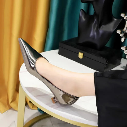 Women Comfortable 3.5cm High Heels Shallow Pointed Toe Work Pumps Lady Glossy Leather Low Heels 2024 Luxury Brand Designer Shoes