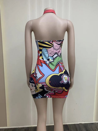 STYLISH LADY Pop Art Comic Print Halter Mini Dress Women Sleeveless Backless Bodycon Stretch Slim Fit Party Club Short Dress