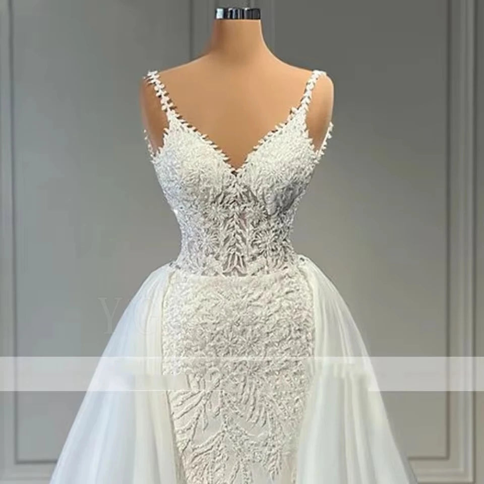 Luxurious Wedding Dresses Mermaid 2026 for Bride Strapless Beaded Lace 2 In 1 with Detachable Overskirts Bridal Gown Customized