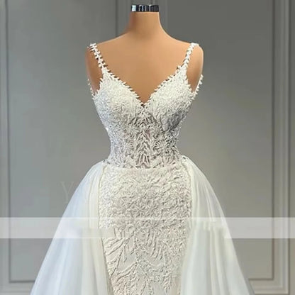 Luxurious Wedding Dresses Mermaid 2026 for Bride Strapless Beaded Lace 2 In 1 with Detachable Overskirts Bridal Gown Customized