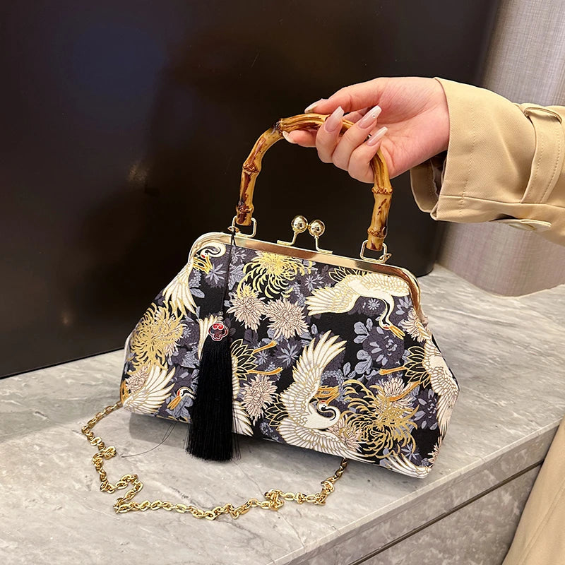 Designer Bamboo Handle Handbag Retro Embroidery Women Evening Bag High-end Nylon Crossbody Bag Luxury Lady Shoulder Bags Satchel