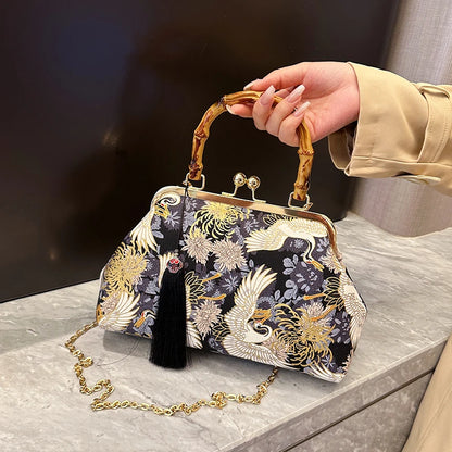 Designer Bamboo Handle Handbag Retro Embroidery Women Evening Bag High-end Nylon Crossbody Bag Luxury Lady Shoulder Bags Satchel