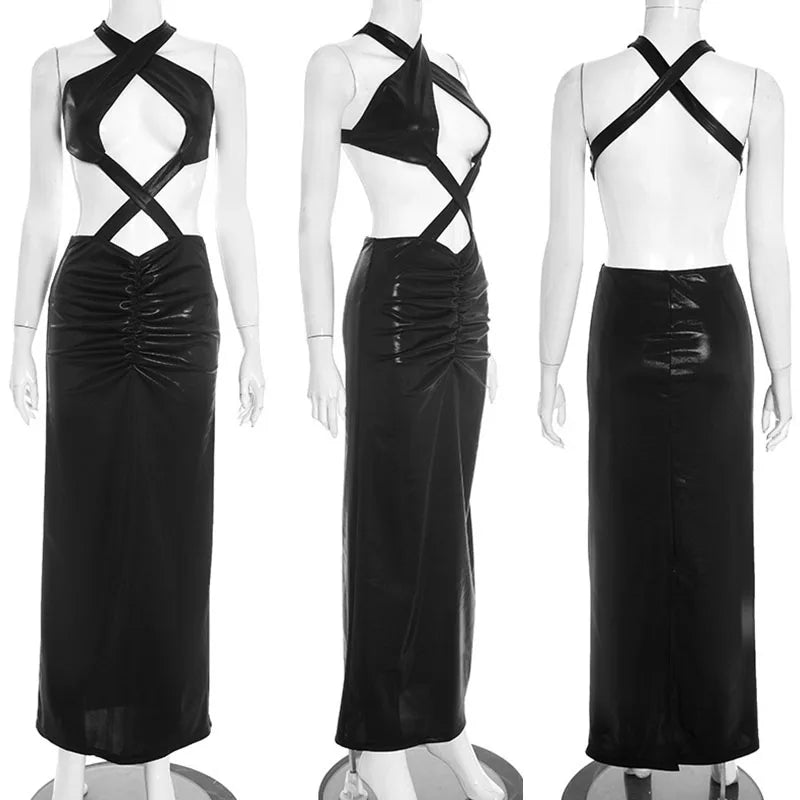 Doyerl Halter Bandage Hollow Out Party Dresses for Woman Evening Prom Club Sleeveless Sheath Slim Bodycon Maxi Dress Robe Femme