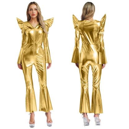 Women Vintage One Piece 70s Disco Dance Rompers Sleeveless Metallic Bell Bottom Flared Pants Jumpsuit for Retro Party Jazz Dance