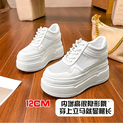 10-14cm Chunky Sneakers Women Platform Shoes Elevator Shoe White Mesh Breathable Sneakers Real Leather Increasing Shoes