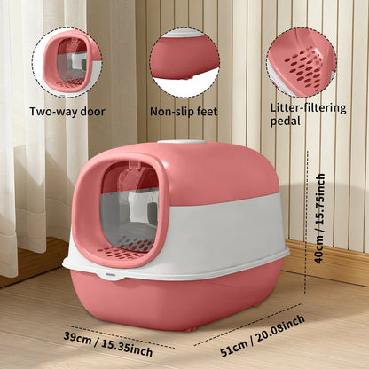 Switchable Open/Semi-Enclosed Cat Litter Box, Extra Large Jumbo Size for Multi-Cat Households, Splash-Proof and Anti-Tracking, Dual-Mode Over-the-Top Litter Pan, Low-Entry for Easy Cleaning，Suitable for cats of different si