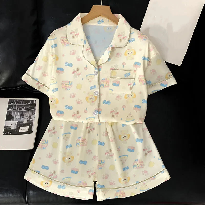 Women's Pajamas Sweet Cute Print Casual Pajama Set Short Sleeve Button Lapel Top & Pants Comfortable Relaxed Summer Nightwear