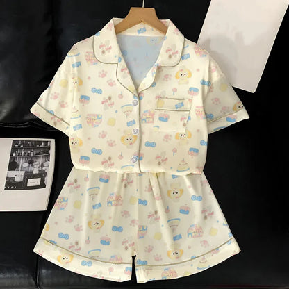 Women's Pajamas Sweet Cute Print Casual Pajama Set Short Sleeve Button Lapel Top & Pants Comfortable Relaxed Summer Nightwear