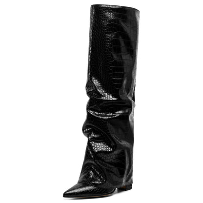 Y2K Style Women's Fold Over Boots Slouch Knee High Fall Boots for Women Wedge Heel Pointed Toe Tall Boot Wide Calf Pull-on Shark Boots Fall Shoes