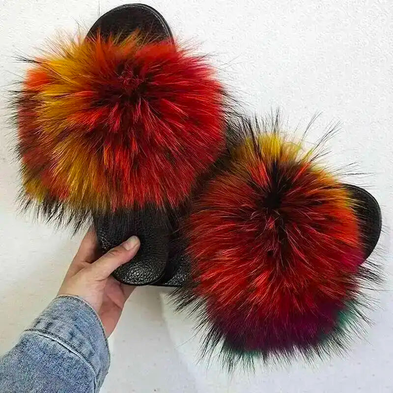 Real Raccoon Fur Slippers For Women 2026 Summer Fluffy Indoor House Fuzzy Flat Slides Outdoor Fashion Beach Sandals Flip Flops