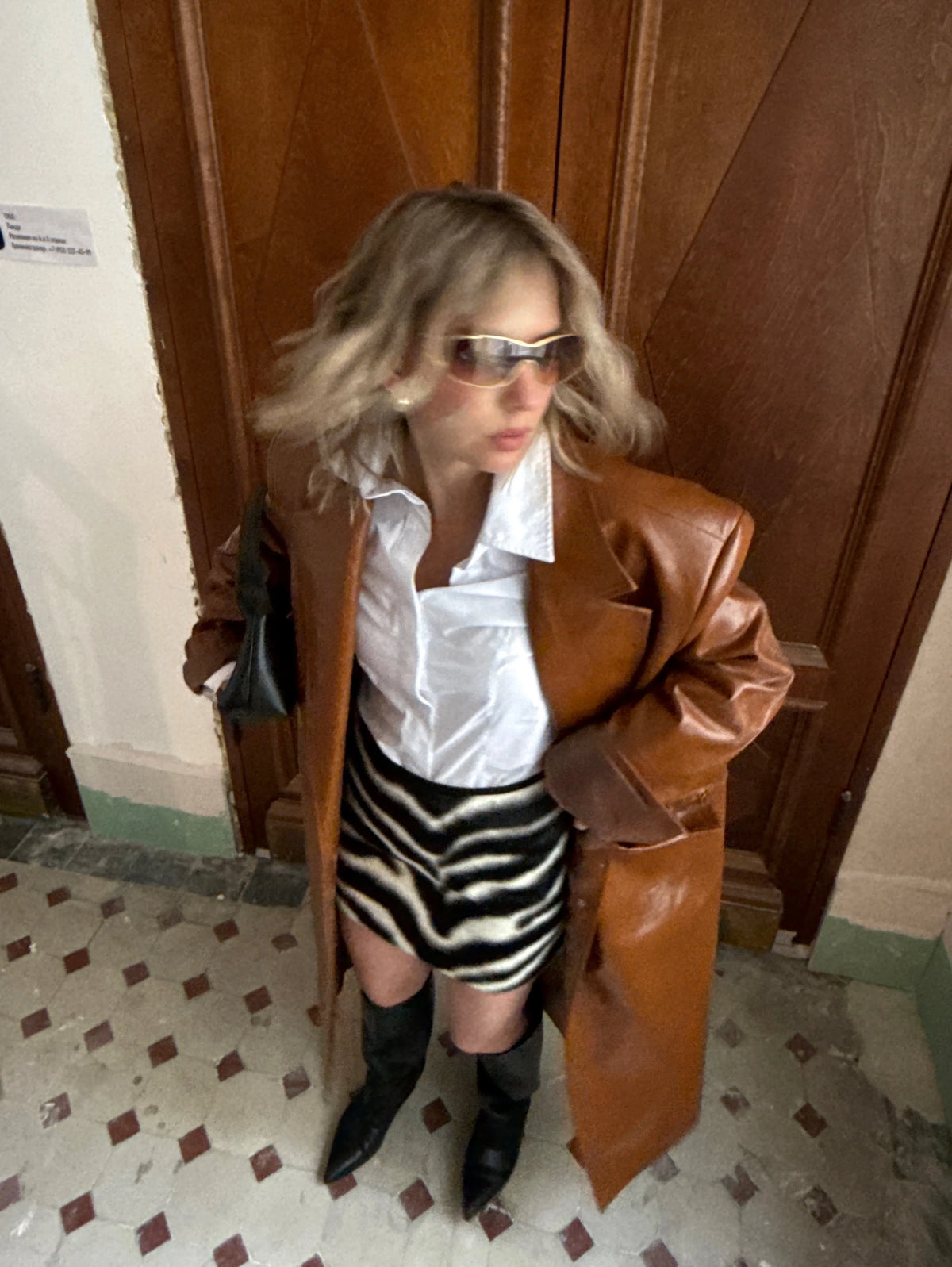 Women Brown Croc Embossed Faux Leather Maxi Trench Coat Lapel Single Breasted Straight Long Front Pockets Vintage Autumn Winter