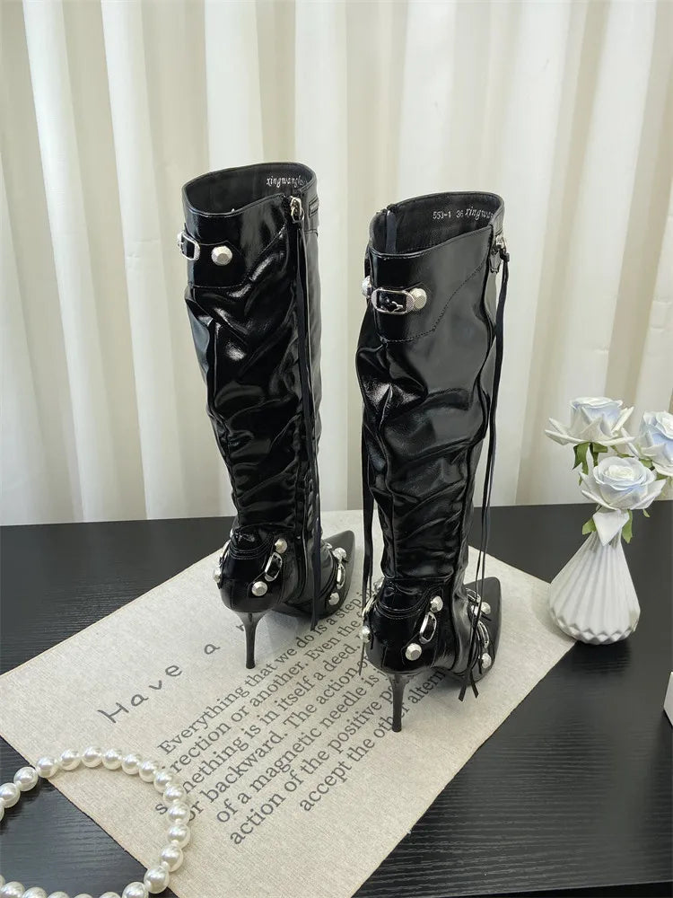 ZAROY Thin High Heels Knee-high Boots Women Winter Shoes Designer Tassels Rivet Side Zippers Sexy Pointed Toe Punk Long Booties