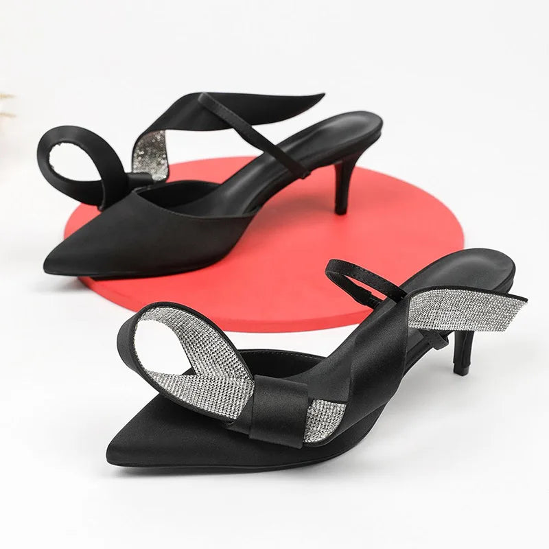 Pink Rhinestone Sandals Woman Pointed Toe Luxury Satin Butterfly Knot High Heel Party Shoes Lady Sexy Mules Slippers