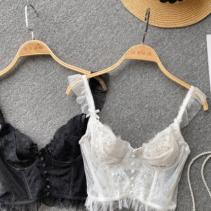 French Chic Sexy Woman Sleeveless Skinny Backless Female Corset Camis Lace Sheer Spaghetti Strap Hotsweet Tank Tops Dropshipping