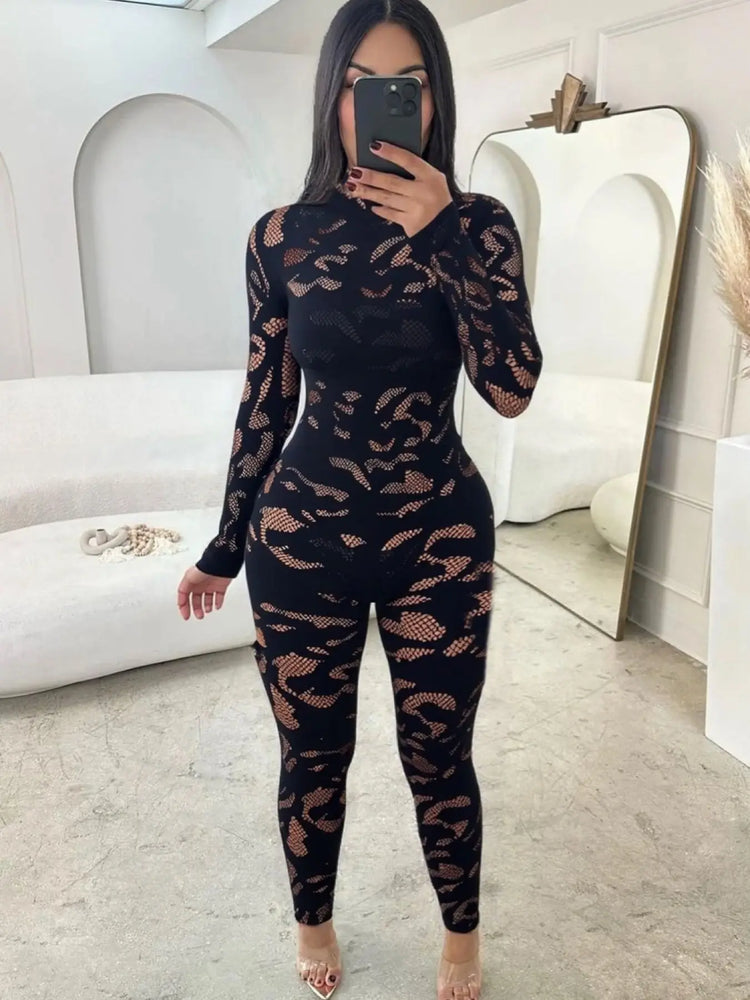 FAGADOER Sexy Lace See Through Patchwork Bodycon Jumpsuits for Woman Hollow-out Long Sleeves Rompers Female Streetwear Overalls