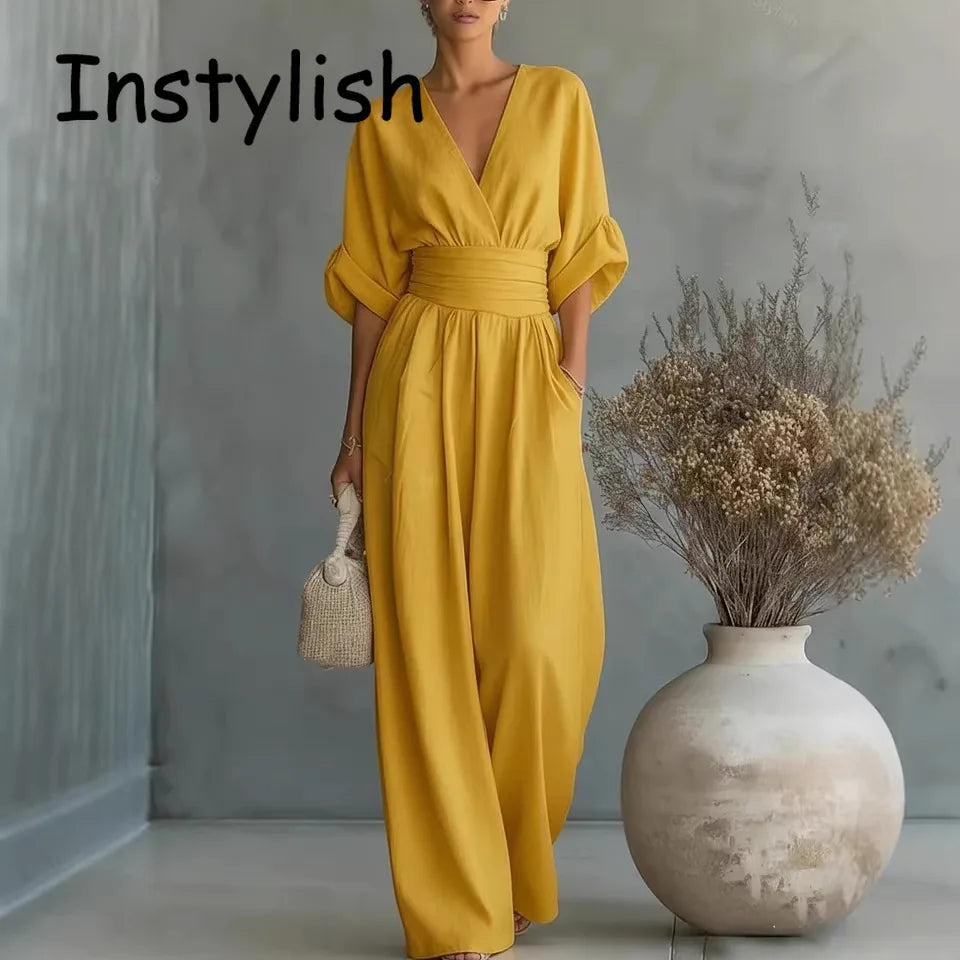 Women Elegant Linen V Neck Short Sleeve Jumpsuit Waist Cinched Wide Leg Long Pants Rompers with Pockets Casual Ladies Overalls