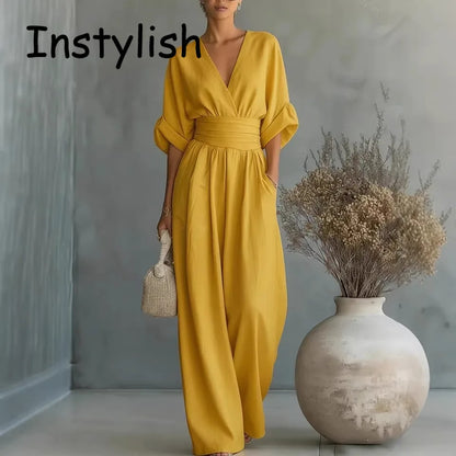 Women Elegant Linen V Neck Short Sleeve Jumpsuit Waist Cinched Wide Leg Long Pants Rompers with Pockets Casual Ladies Overalls