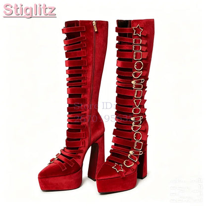 Blue Velvet Irregular Buckle Knee-high Boots Pointed  Toe Side Zipper Chunky High Heels Boots 2026 Summer New Women Punk Shoes